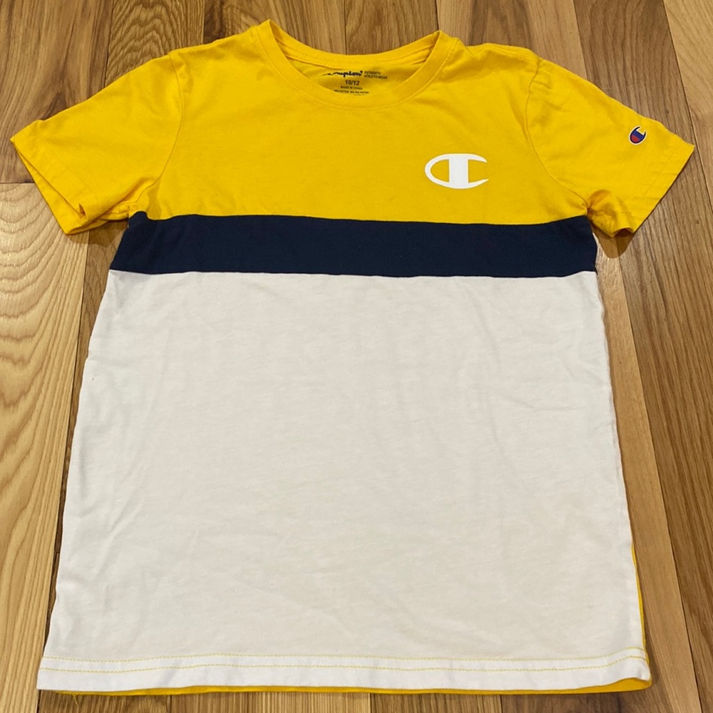 Champion tee: yellow/navy blue and white